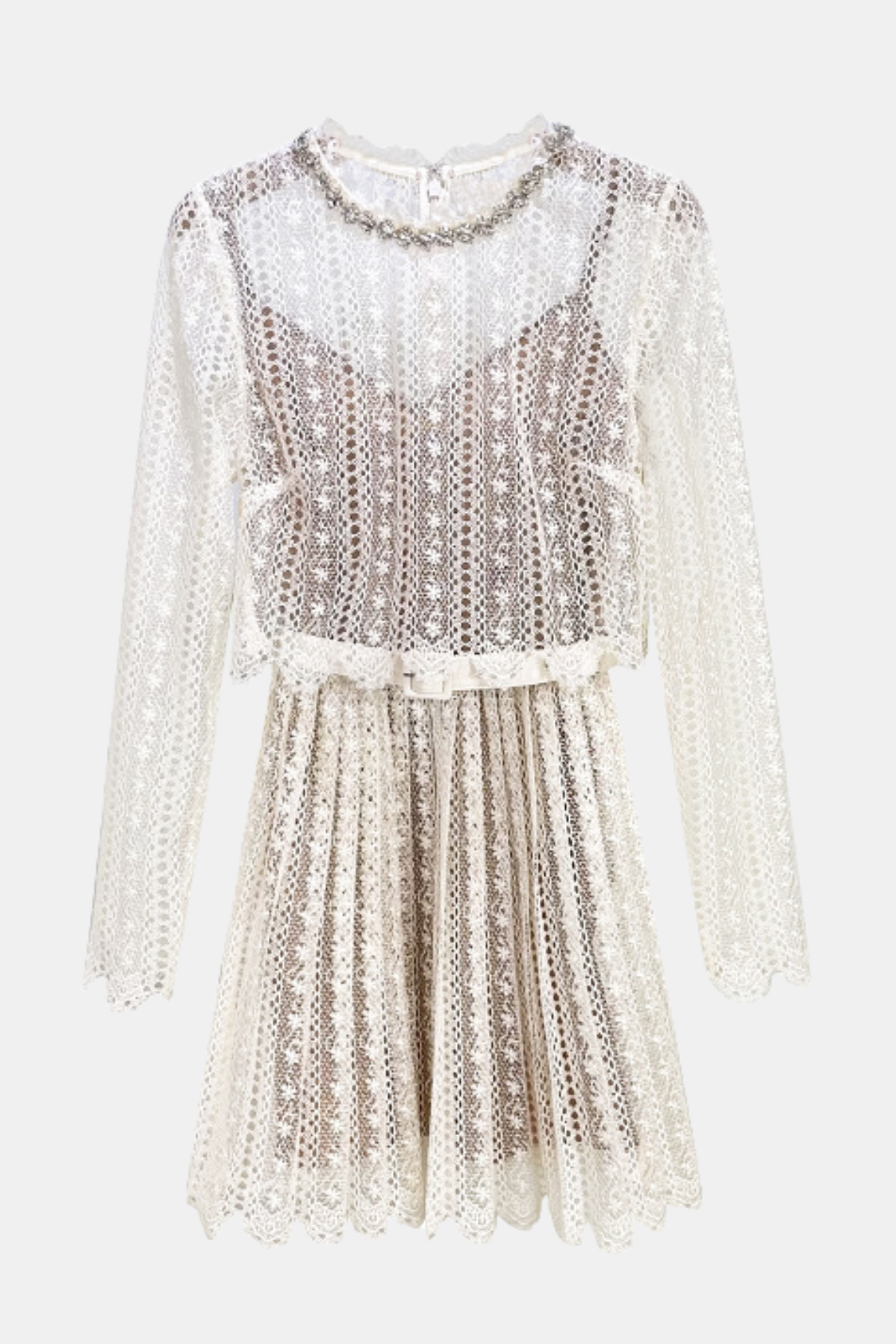 Emilo Crystal Embellished Lace Belted Mini Dress