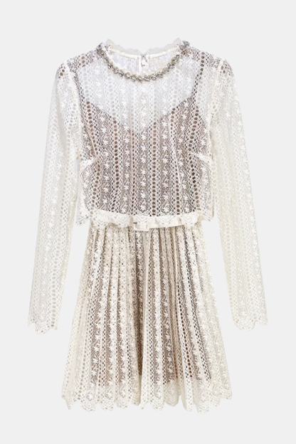 Emilo Crystal Embellished Lace Belted Mini Dress