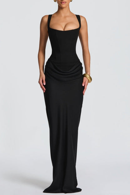 Enea Corset Lace Up Ruched Maxi Dress - Black