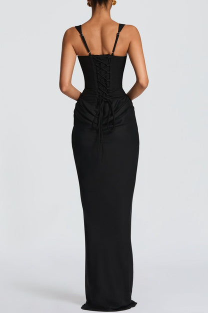 Enea Corset Lace Up Ruched Maxi Dress - Black
