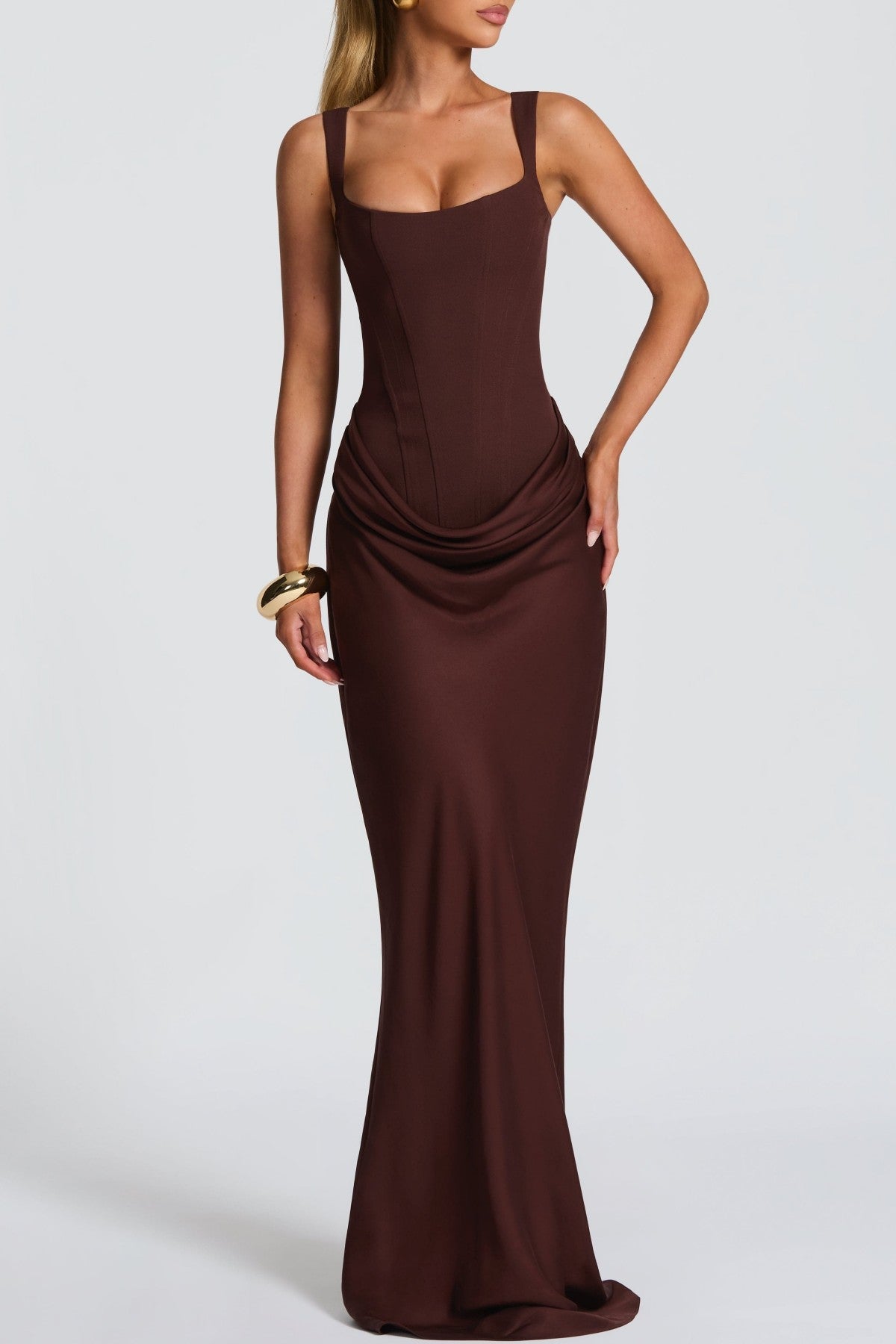 Enea Corset Lace Up Ruched Maxi Dress - Brown