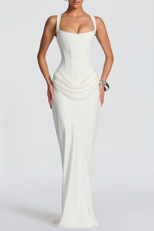 Enea Corset Lace Up Ruched Maxi Dress - White