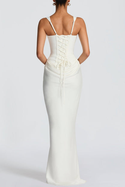 Enea Corset Lace Up Ruched Maxi Dress - White