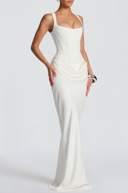 Enea Corset Lace Up Ruched Maxi Dress - White