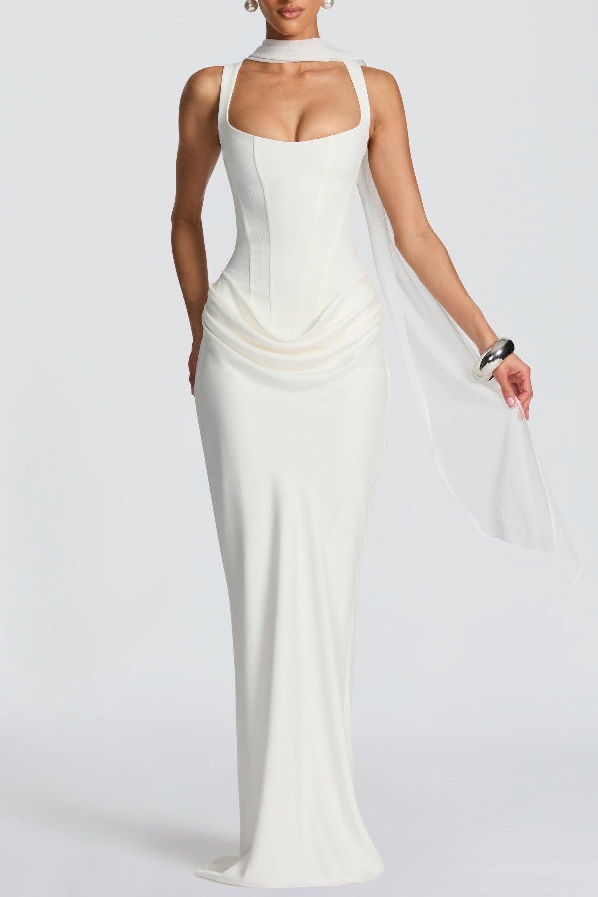 Enea Corset Lace Up Ruched Maxi Dress - White