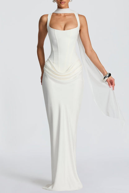 Enea Corset Lace Up Ruched Maxi Dress - White