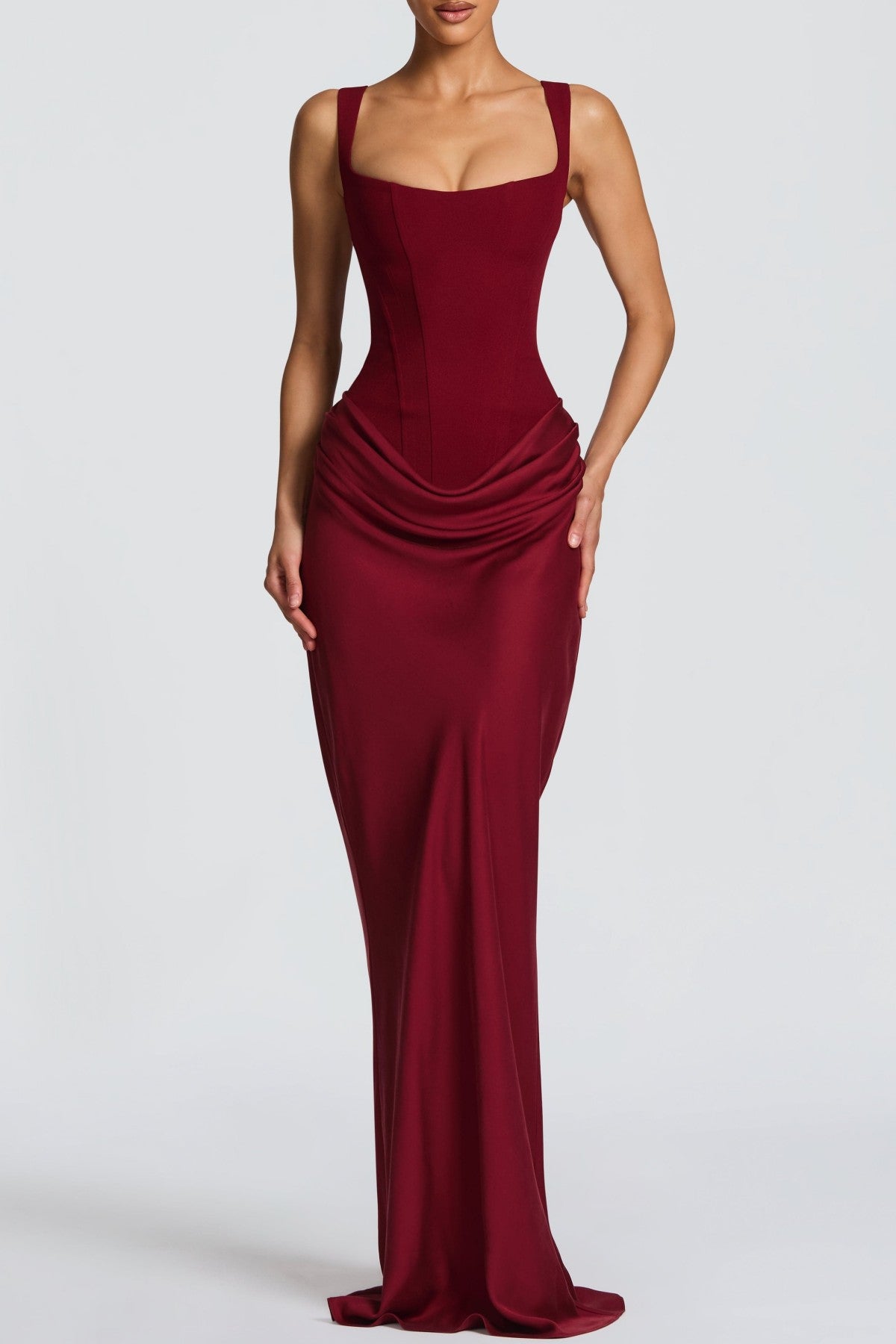 Enea Corset Lace Up Ruched Maxi Dress - Wine