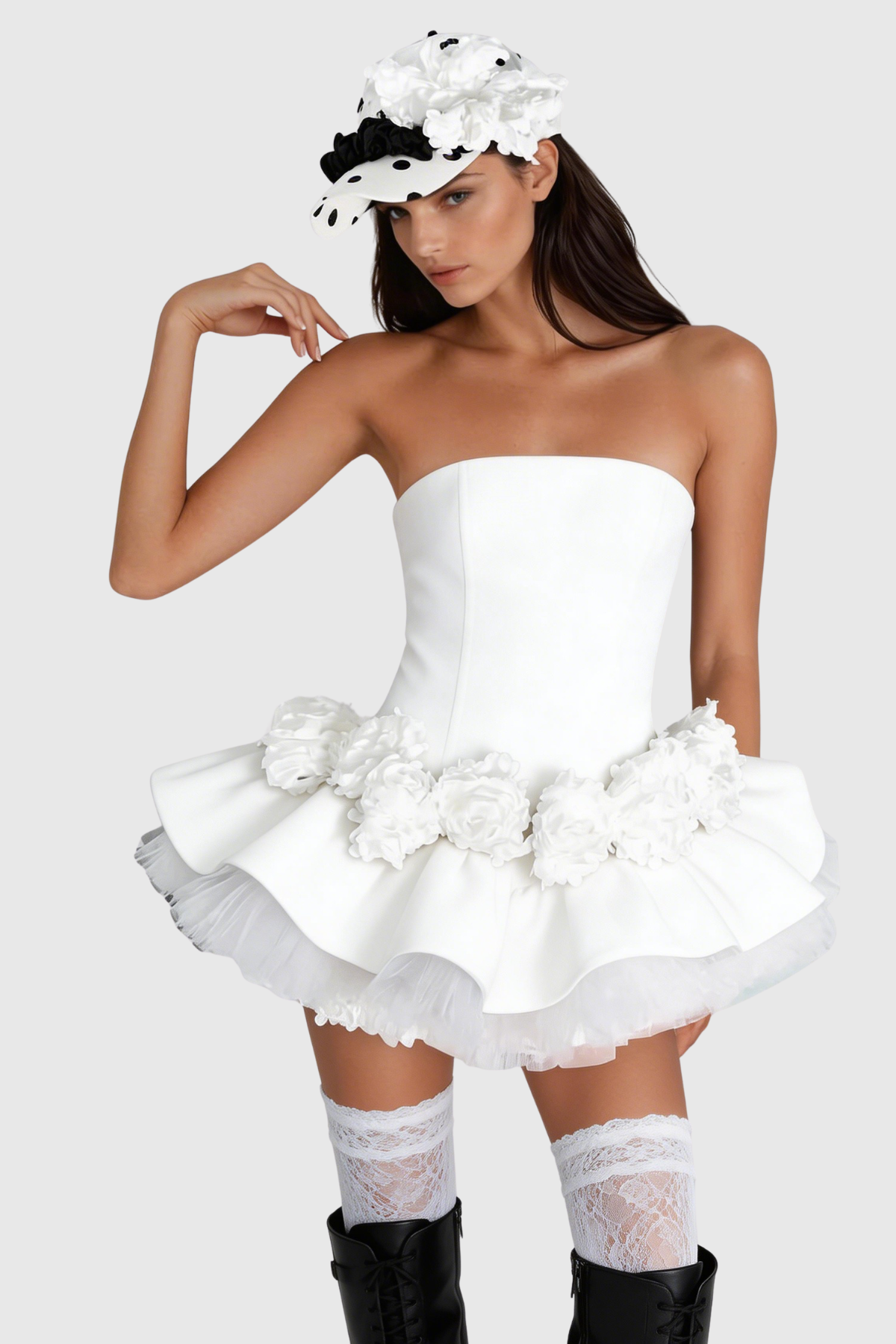 Enola Floral Appliqué Strapless Puffy Mini Dress - White