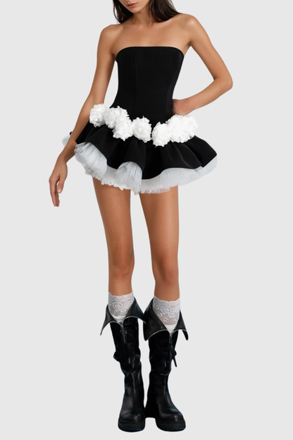 Enola Floral Appliqué Strapless Puffy Mini Dress - Black