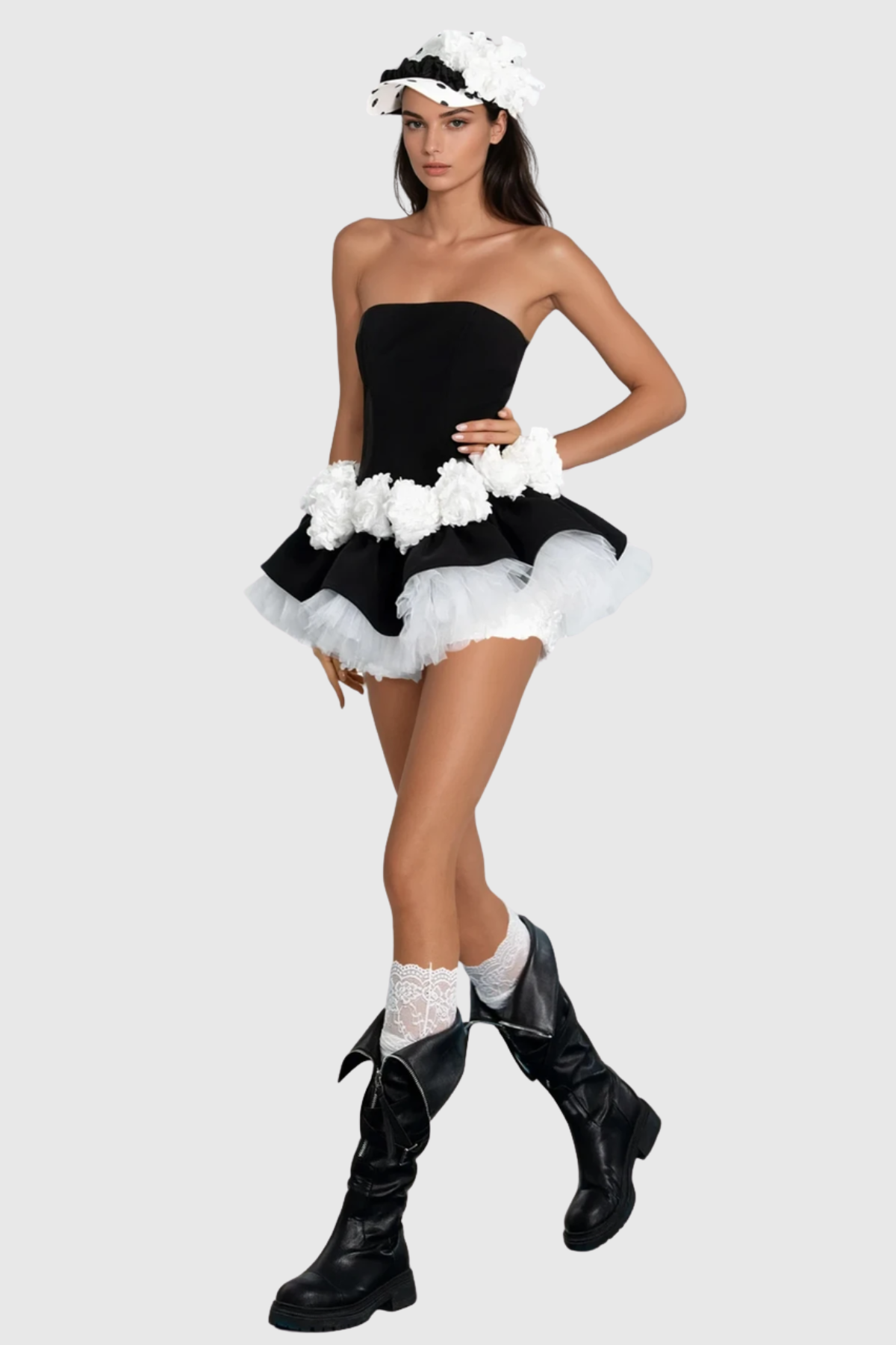 Enola Floral Appliqué Strapless Puffy Mini Dress - Black