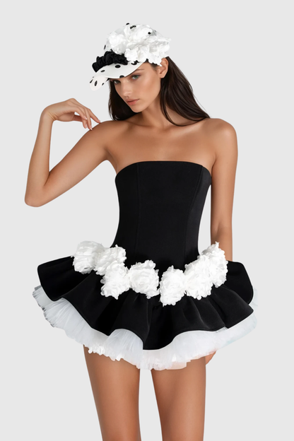 Enola Floral Appliqué Strapless Puffy Mini Dress - Black
