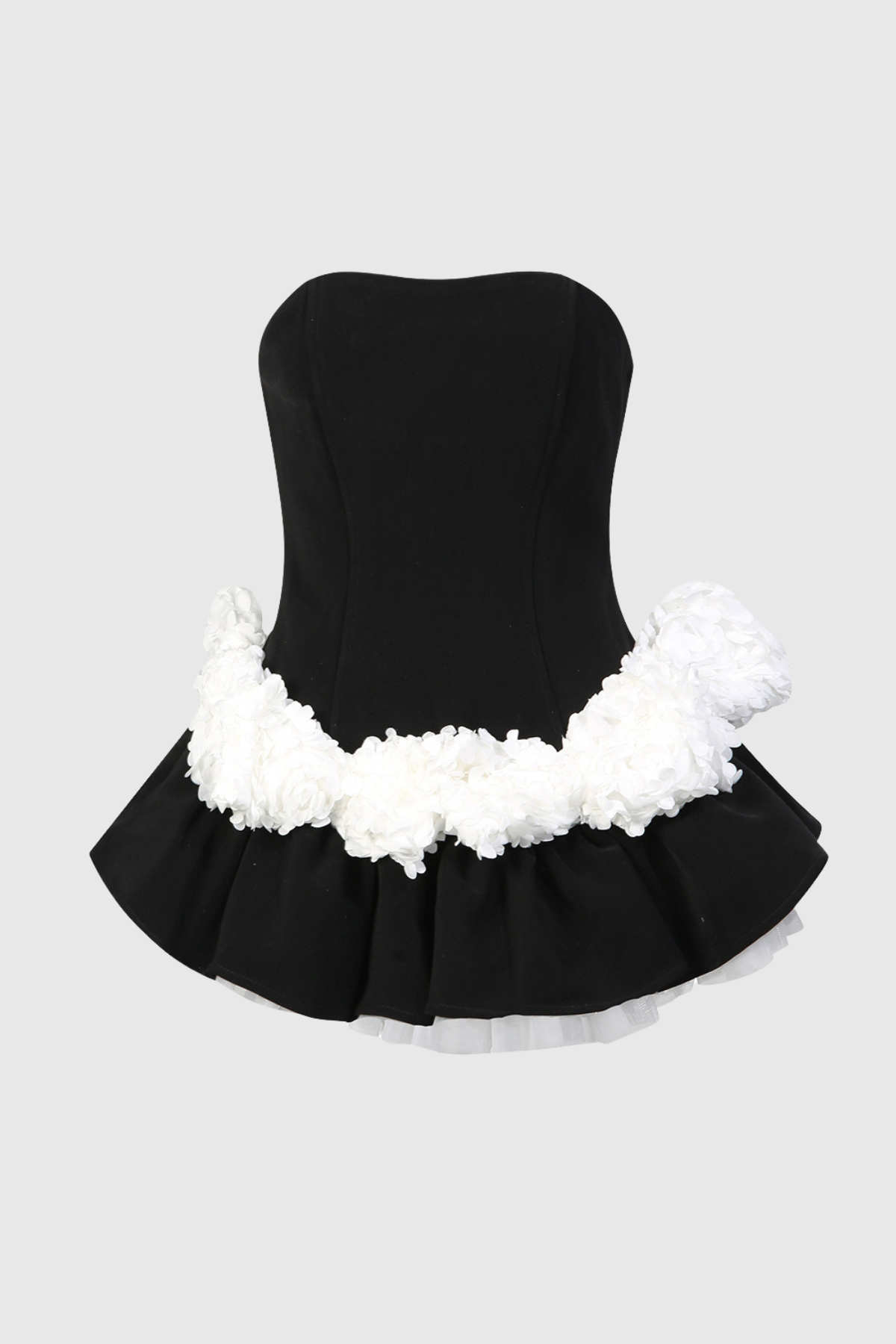 Enola Floral Appliqué Strapless Puffy Mini Dress - Black