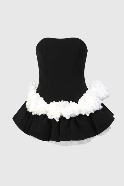 Enola Floral Appliqué Strapless Puffy Mini Dress - Black
