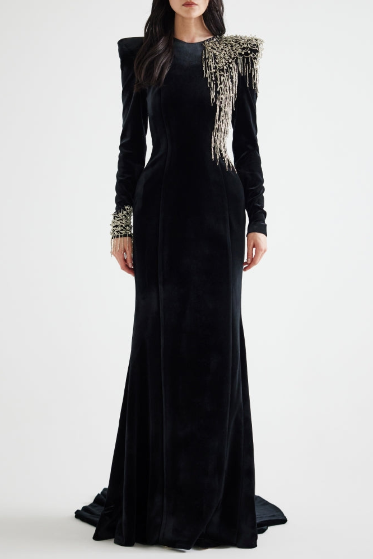 Enzoa Crystal Beaded Fringe Embellished Velvet Maxi Dress
