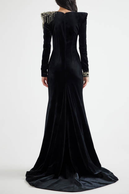 Enzoa Crystal Beaded Fringe Embellished Velvet Maxi Dress