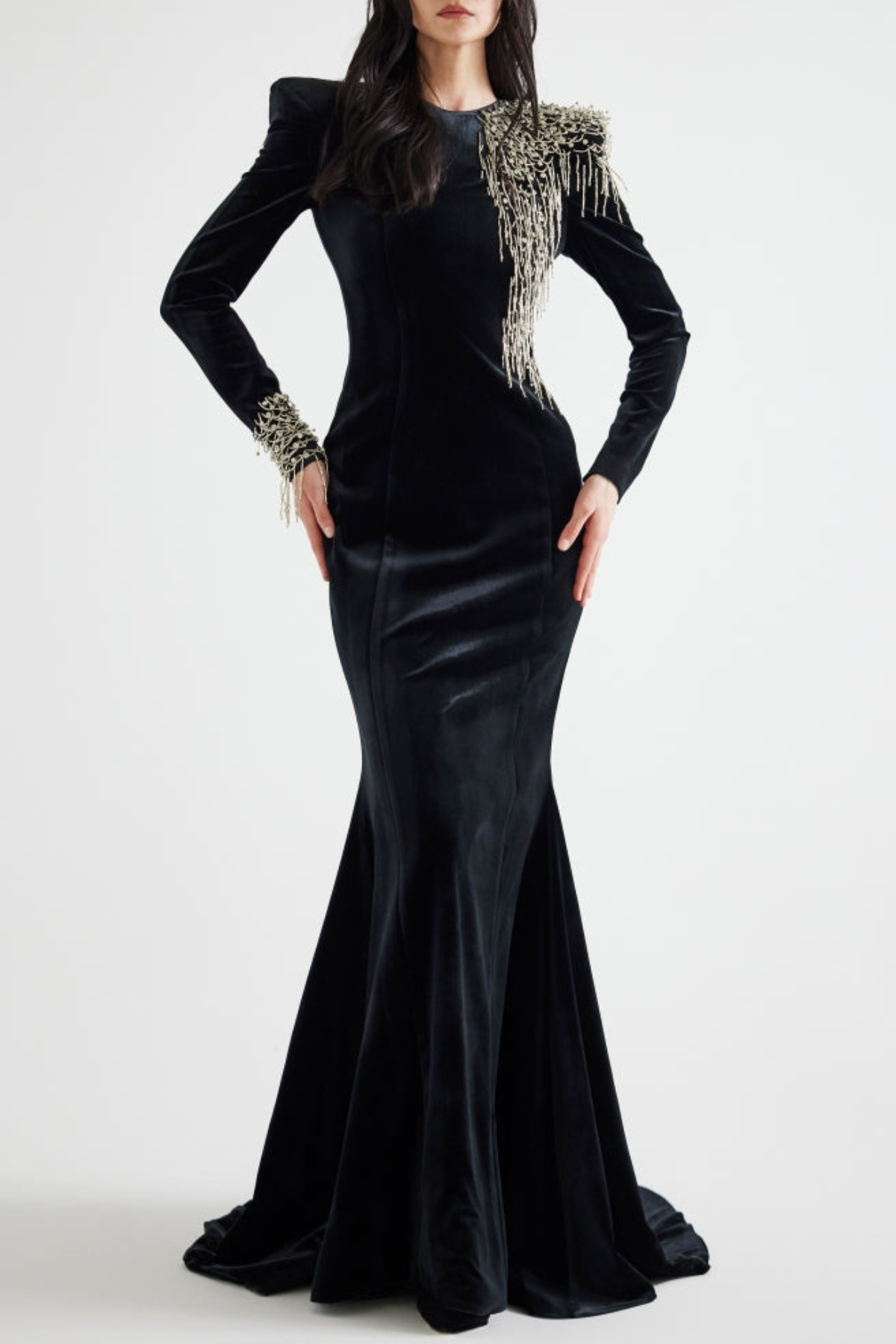 Enzoa Crystal Beaded Fringe Embellished Velvet Maxi Dress