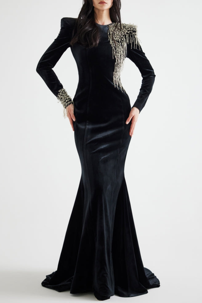 Enzoa Crystal Beaded Fringe Embellished Velvet Maxi Dress
