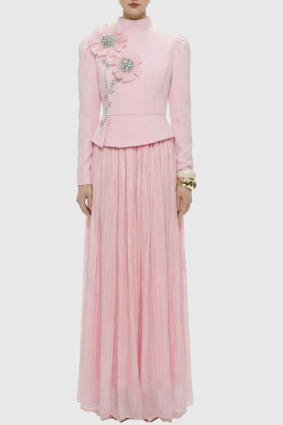 Ephra Floral Crystal Embellished Top & Maxi Skirt Set - Pink