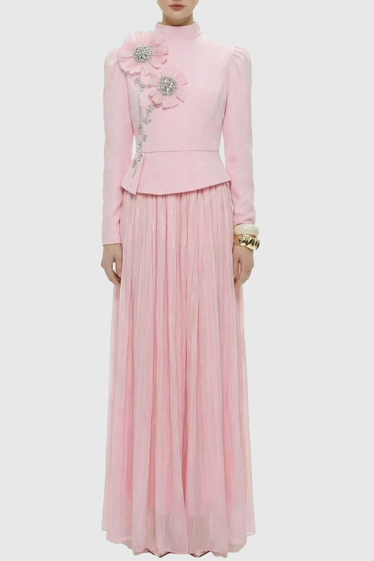 Ephra Floral Crystal Embellished Top & Maxi Skirt Set - Pink