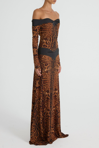 Epperla Off Shoulder Leopard Backless Maxi Dress