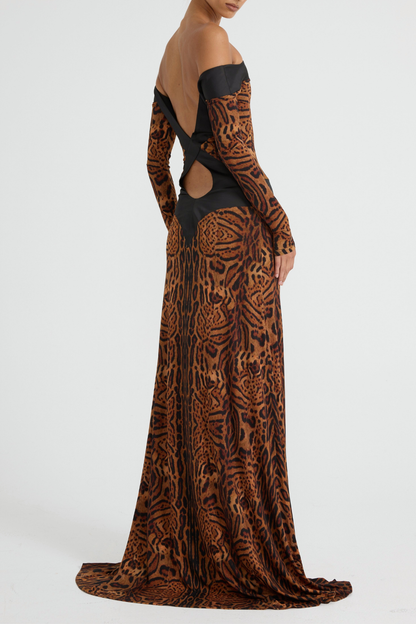 Epperla Off Shoulder Leopard Backless Maxi Dress