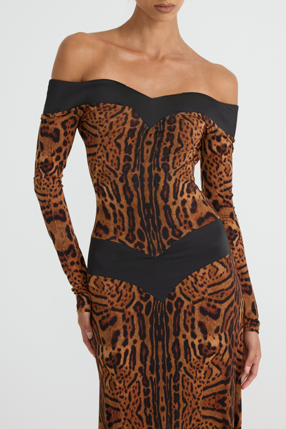 Epperla Off Shoulder Leopard Backless Maxi Dress