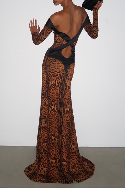 Epperla Off Shoulder Leopard Backless Maxi Dress