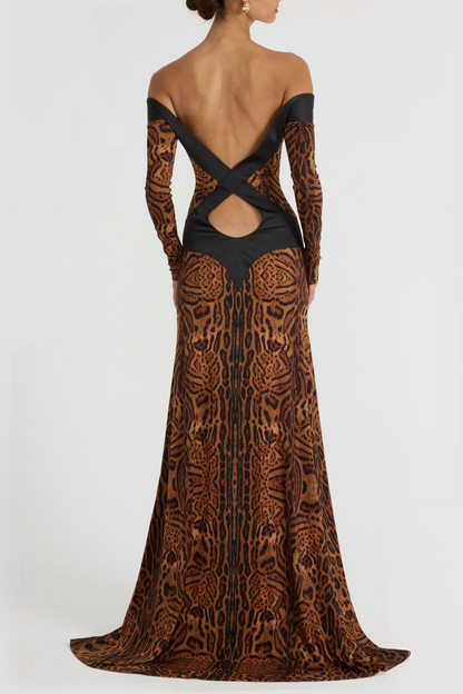 Epperla Off Shoulder Leopard Backless Maxi Dress