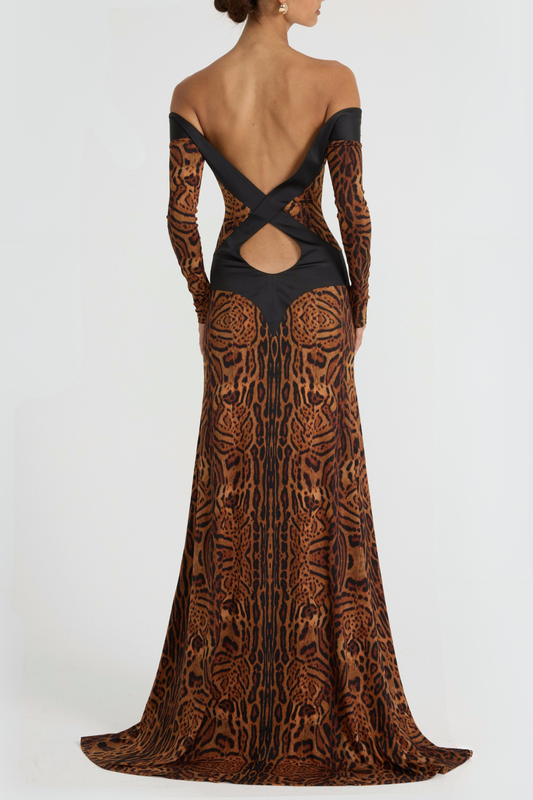 Epperla Off Shoulder Leopard Backless Maxi Dress