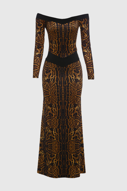 Epperla Off Shoulder Leopard Backless Maxi Dress
