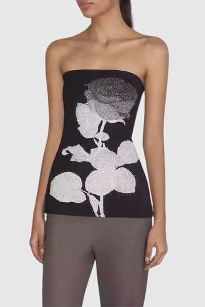 Erbart Floral Strapless Knit Top - Black