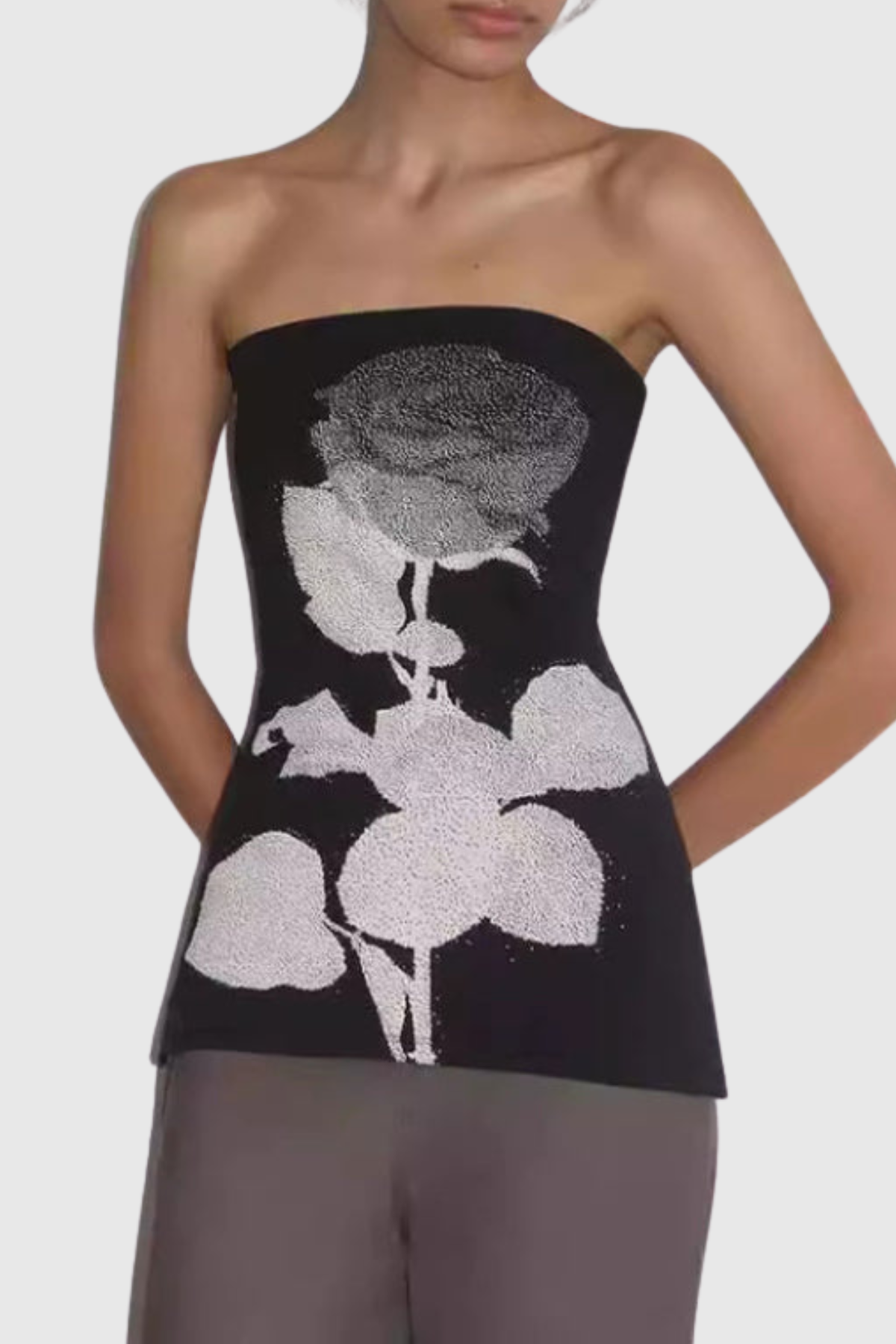 Erbart Floral Strapless Knit Top - Black