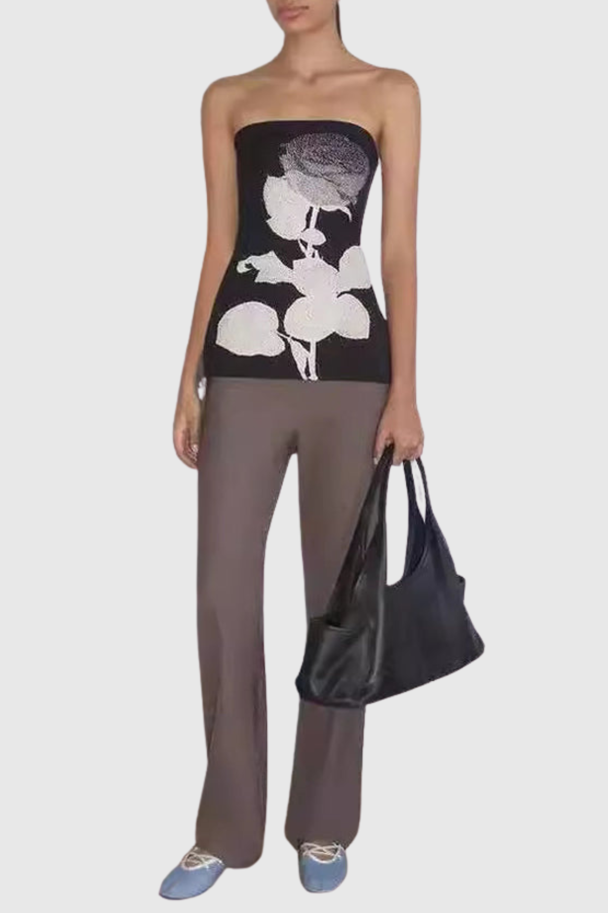 Erbart Floral Strapless Knit Top - Black