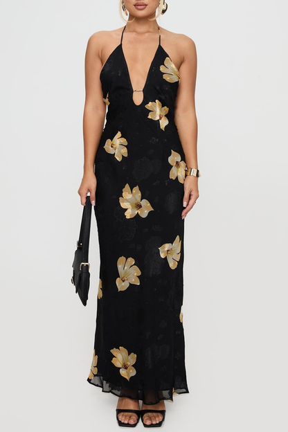 Erbert Floral Halter Maxi Dress - Black