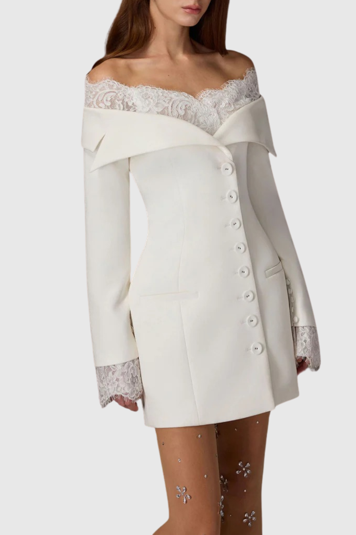 Ergena Off Shoulder Lace Mini Blazer Dress