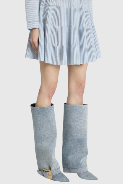 Erila Gold Buckle Knee Hight Boots - Denim