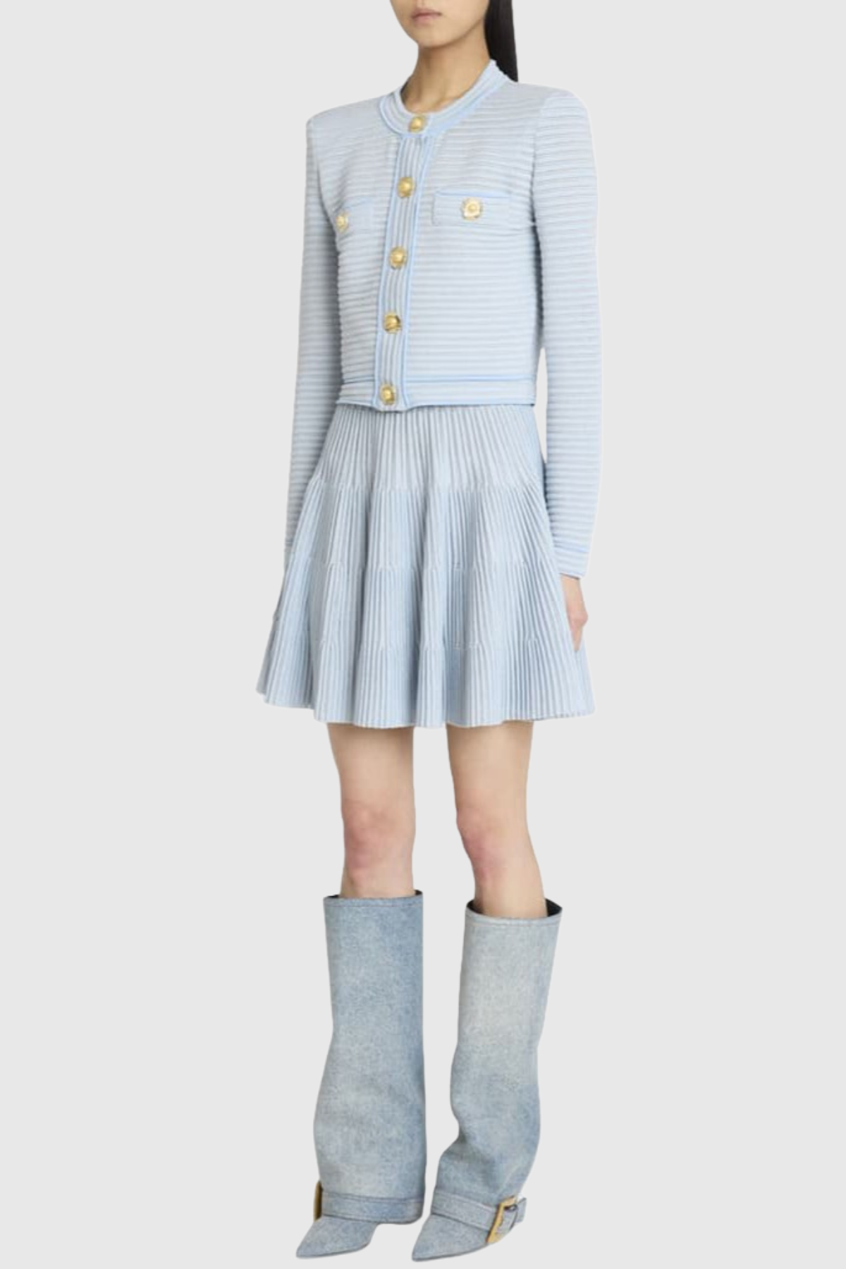 Erila Gold Buckle Knee Hight Boots - Denim
