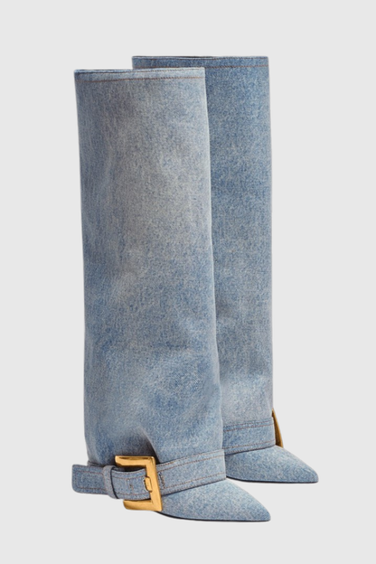Erila Gold Buckle Knee Hight Boots - Denim