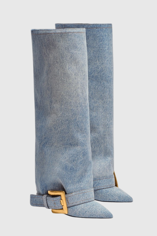 Erila Gold Buckle Knee Hight Boots - Denim