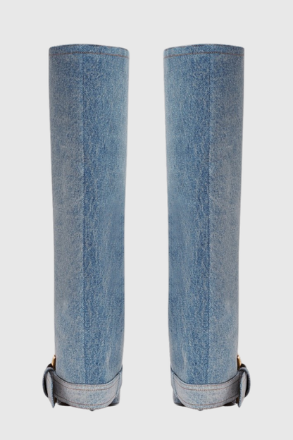 Erila Gold Buckle Knee Hight Boots - Denim
