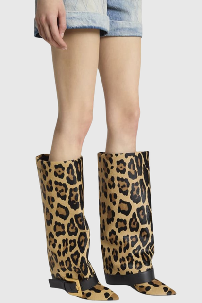 Erila Gold Buckle Knee Hight Boots - Leopard