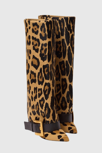 Erila Gold Buckle Knee Hight Boots - Leopard