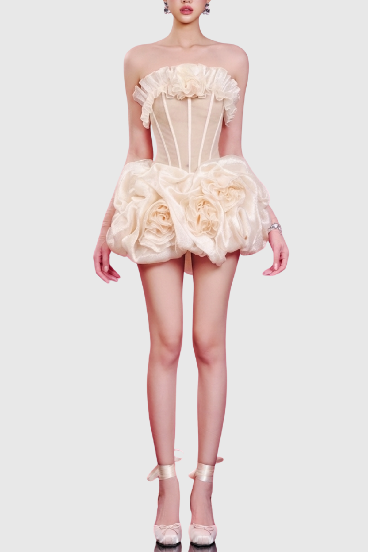 Esadora Floral Strapless Corset Mini Dress - Beige