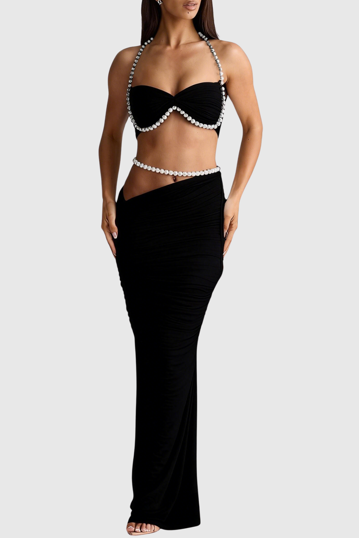Esila Pearl-trim Mesh Ruched Two Piece Set - Black