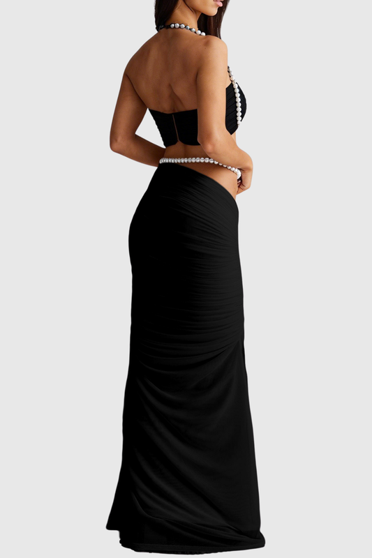 Esila Pearl-trim Mesh Ruched Two Piece Set - Black