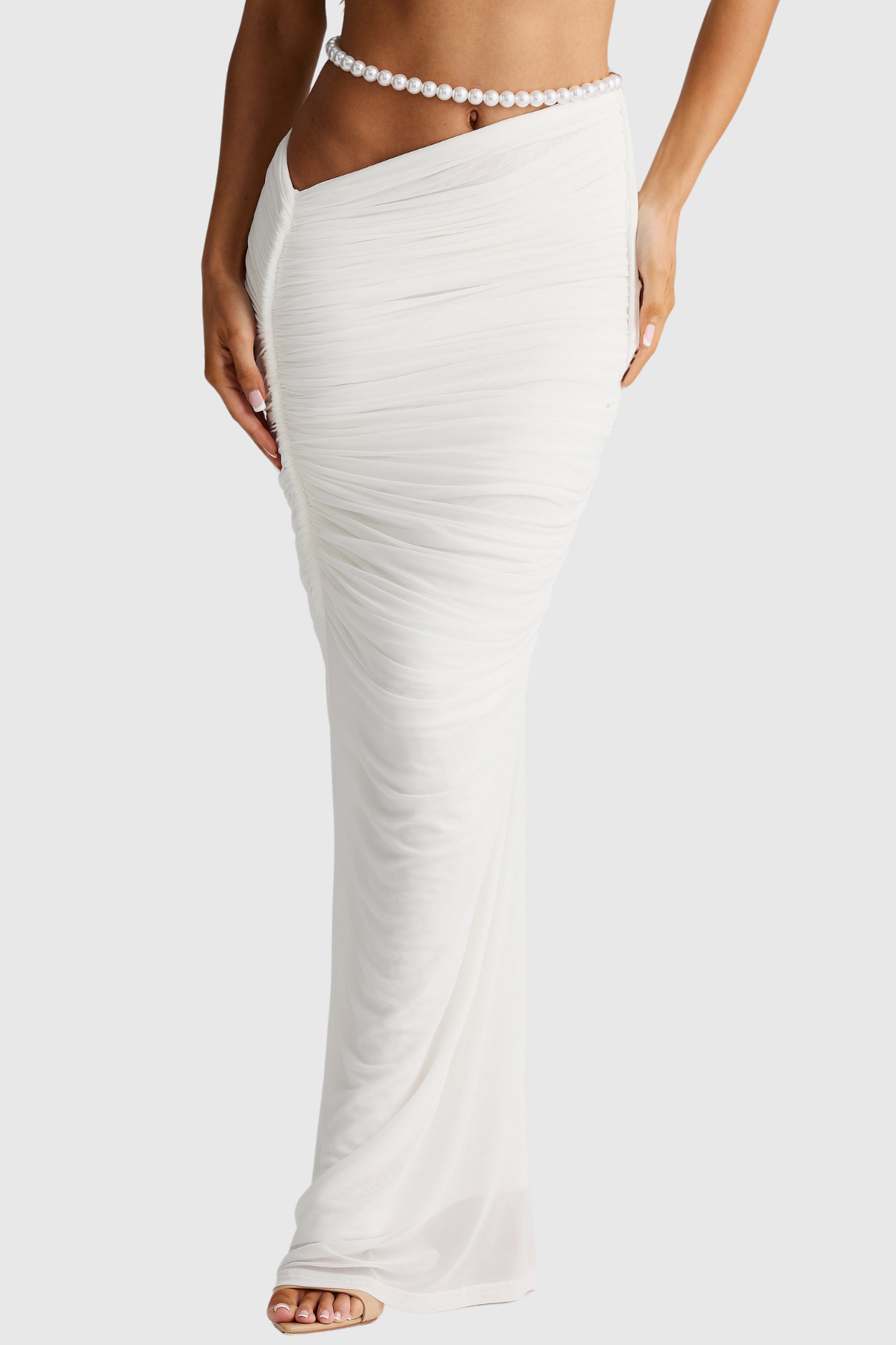 Esila Pearl-trim Mesh Ruched Two Piece Set - White