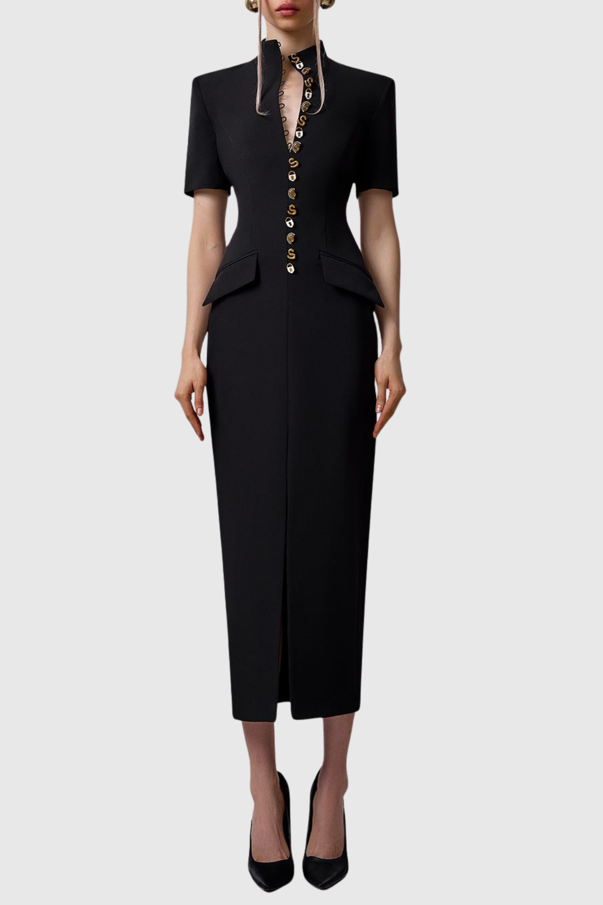 Essieya Buttoned Midi Dress - Black