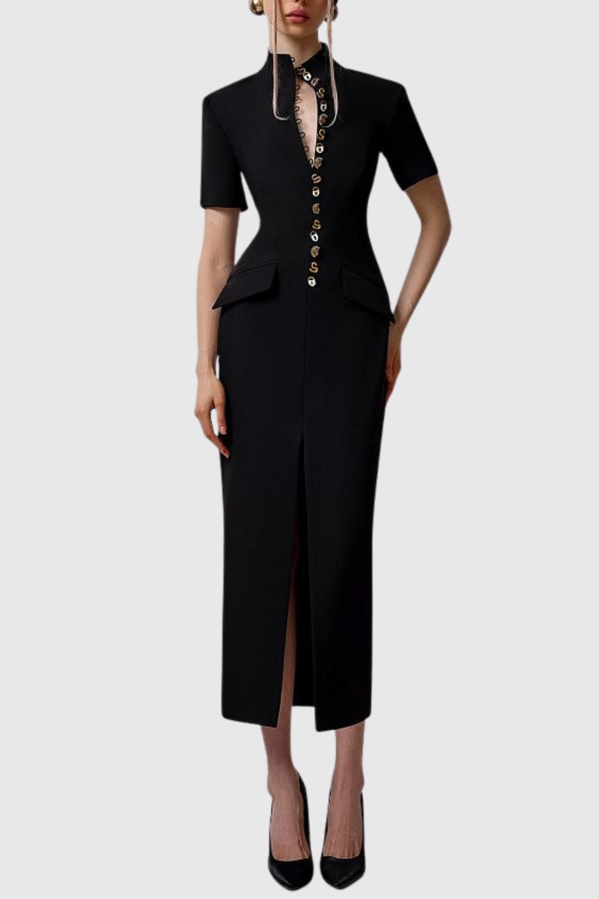 Essieya Buttoned Midi Dress - Black