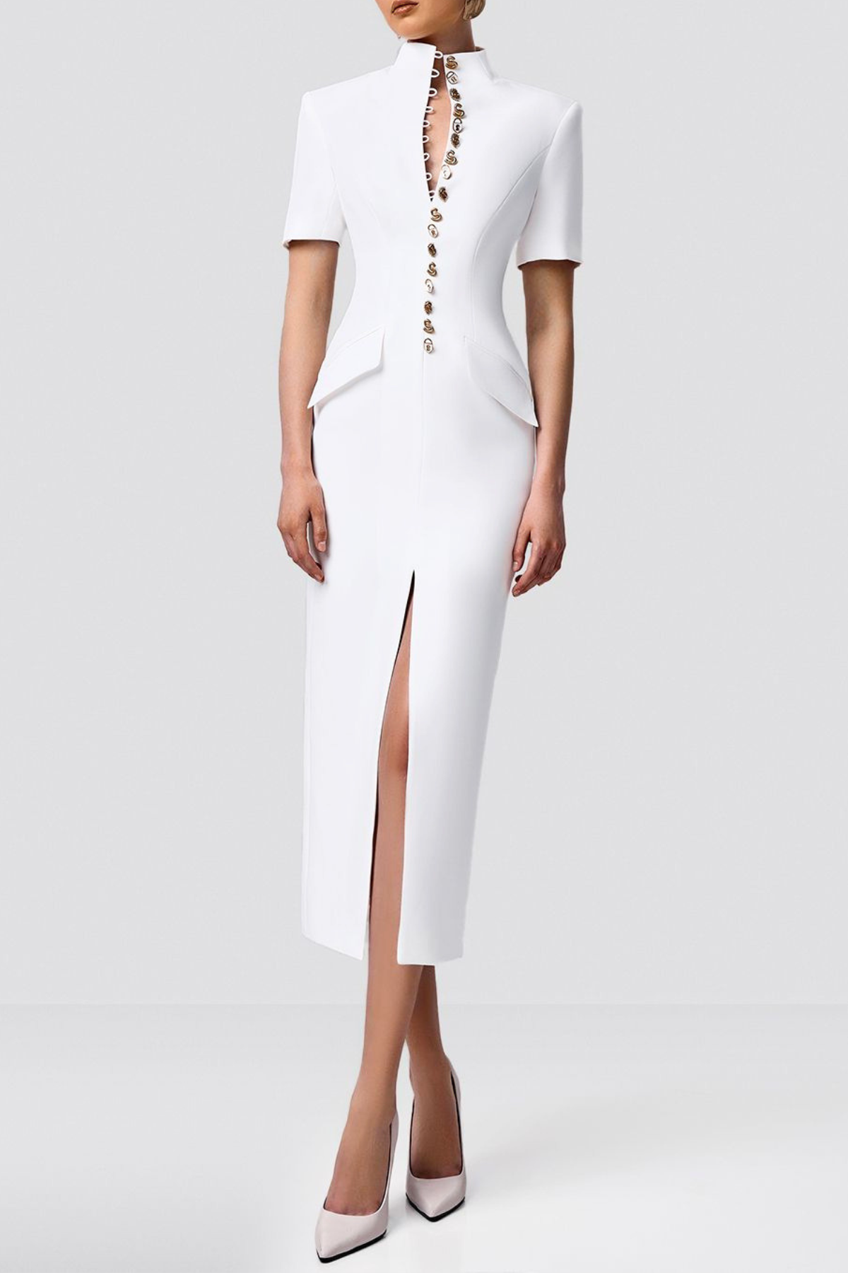 Essieya Buttoned Midi Dress - White