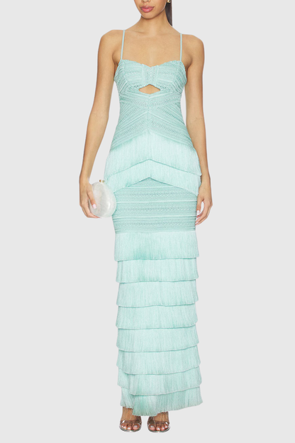 Este Crochet Fringe Tiered Maxi Dress - Green